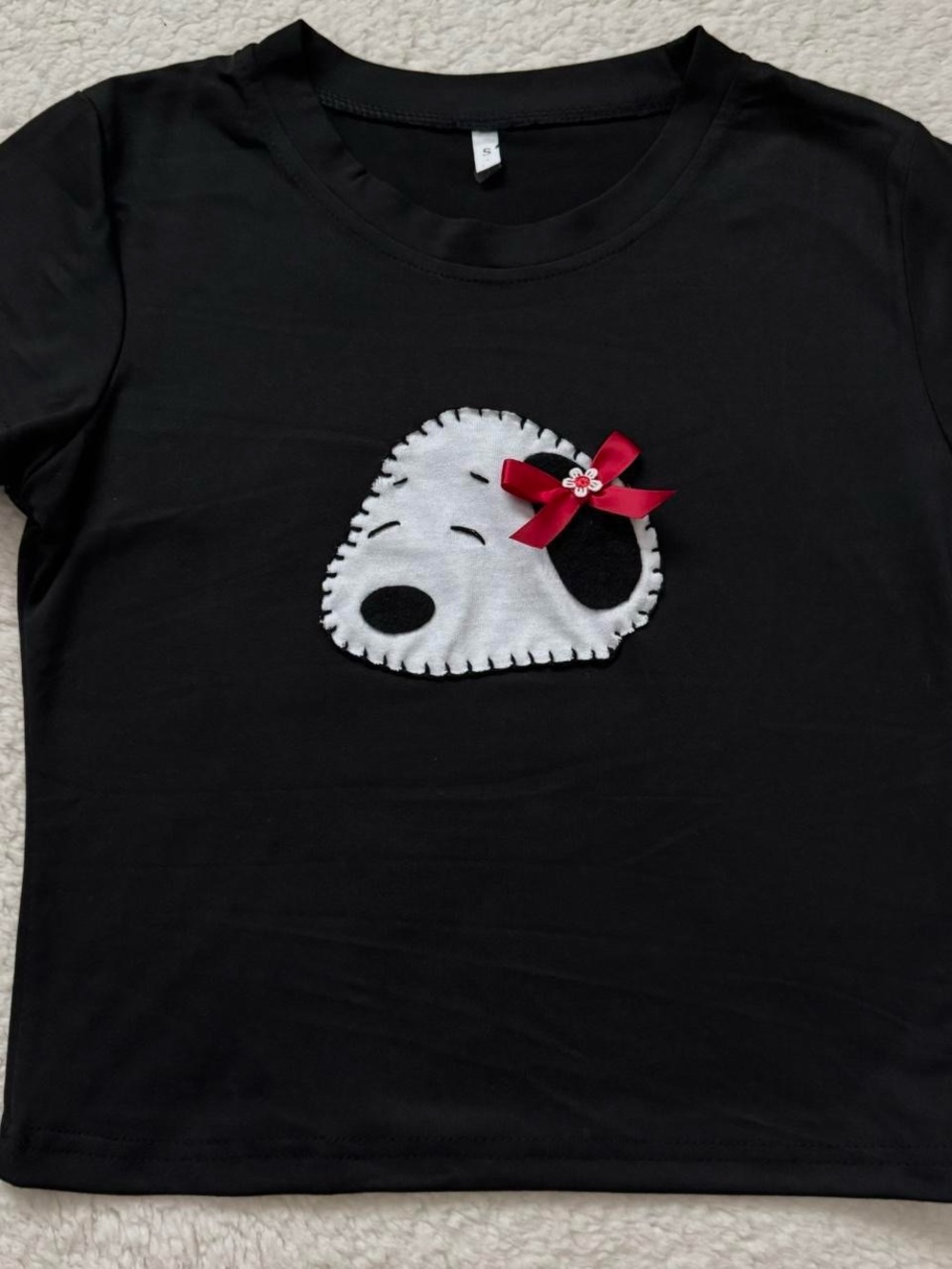 Black Tee with Hand-Stitched White Snoopy Patchwork & Red Bow